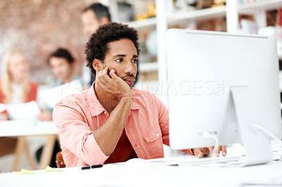 Buy stock photo Computer, reading and startup with business man in office for marketing research, project and creative. Brand perception, advertising insight and planning with employee in  agency for online review