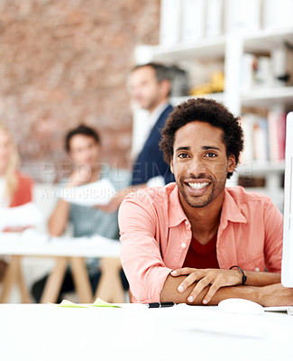 Buy stock photo Happy, creative and portrait of business man in office for branding startup, coworking and about us. Campaign manager, professional and pride with employee in media talent agency for career growth