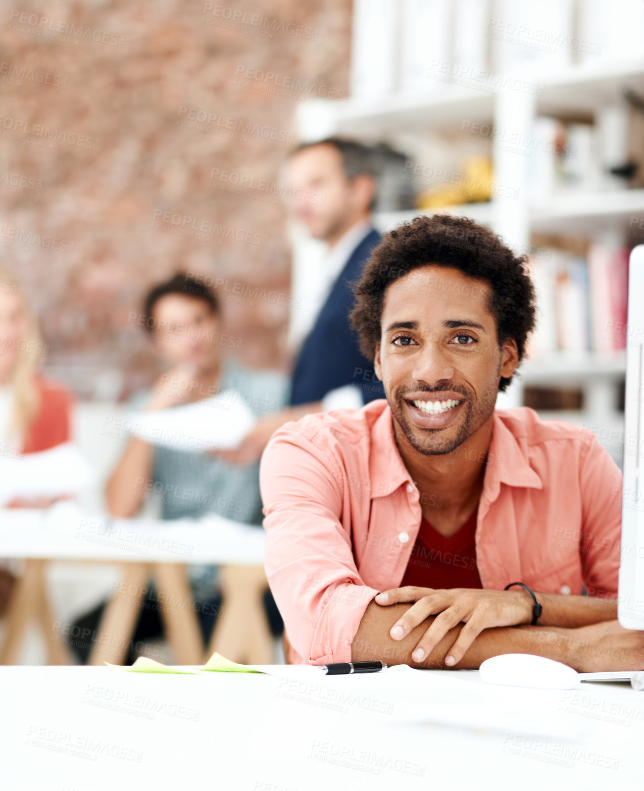 Buy stock photo Happy, creative and portrait of business man in office for branding startup, coworking and about us. Campaign manager, professional and pride with employee in media talent agency for career growth