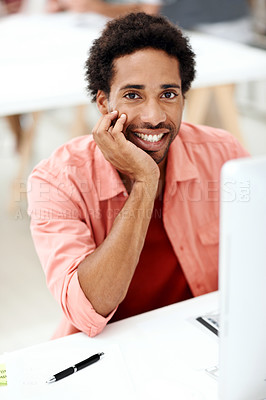 Buy stock photo Computer, smile and portrait with business black man for media planner, about us and brand analyst. Campaign report, notes and customer survey review with person in creative agency for account reach
