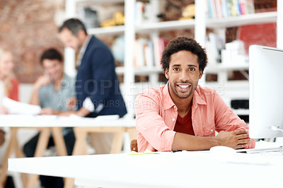 Buy stock photo Computer, happy and portrait with business man for media planner, about us and brand analyst. Campaign report, coworking and customer survey review with person in creative agency for account reach