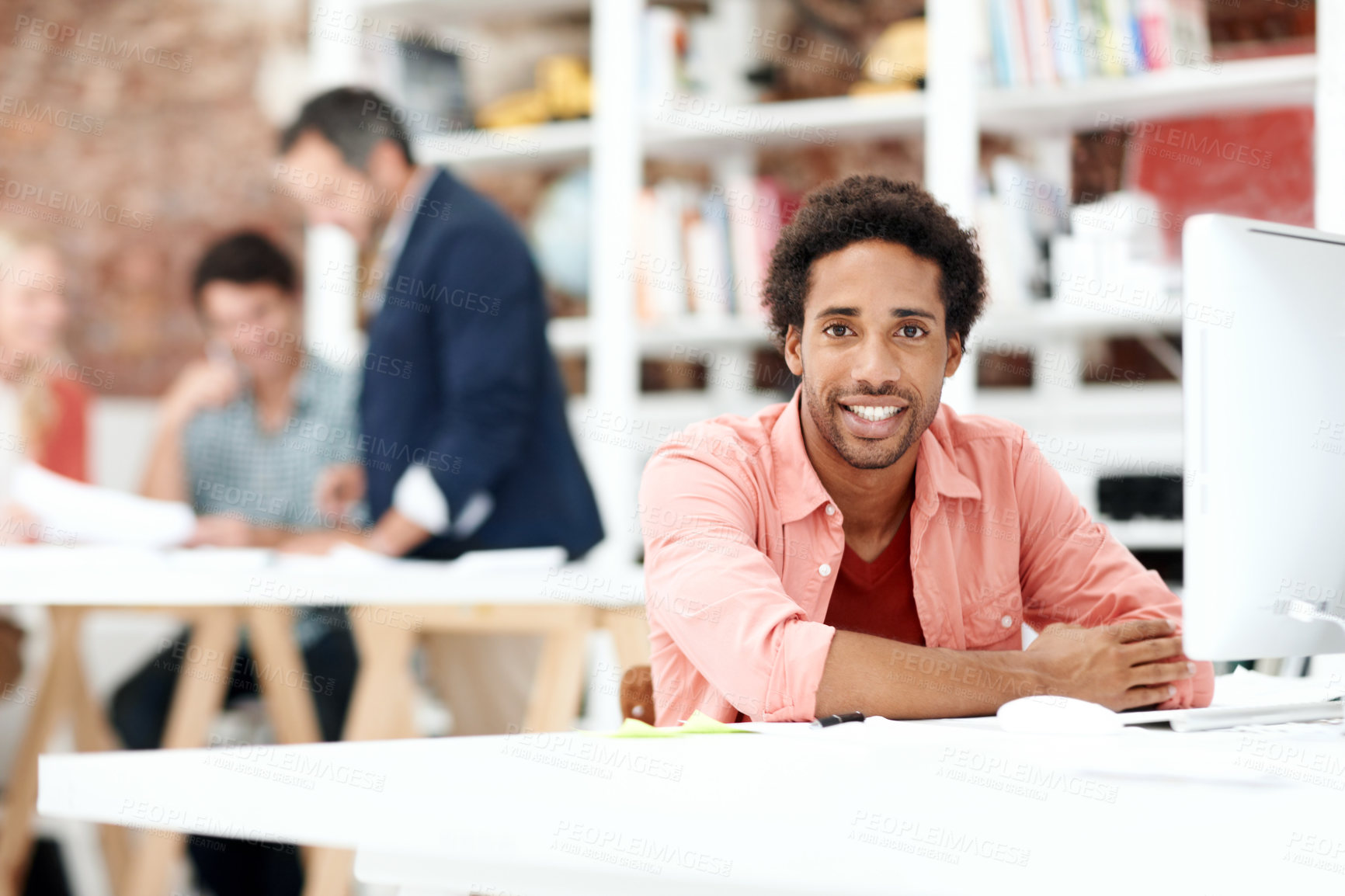 Buy stock photo Computer, happy and portrait with business man for media planner, about us and brand analyst. Campaign report, coworking and customer survey review with person in creative agency for account reach