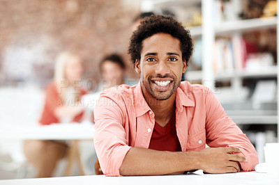 Buy stock photo Smile, about us and portrait of business man in office for branding startup, coworking and creative. Campaign manager, professional and pride with employee in media talent agency for career growth
