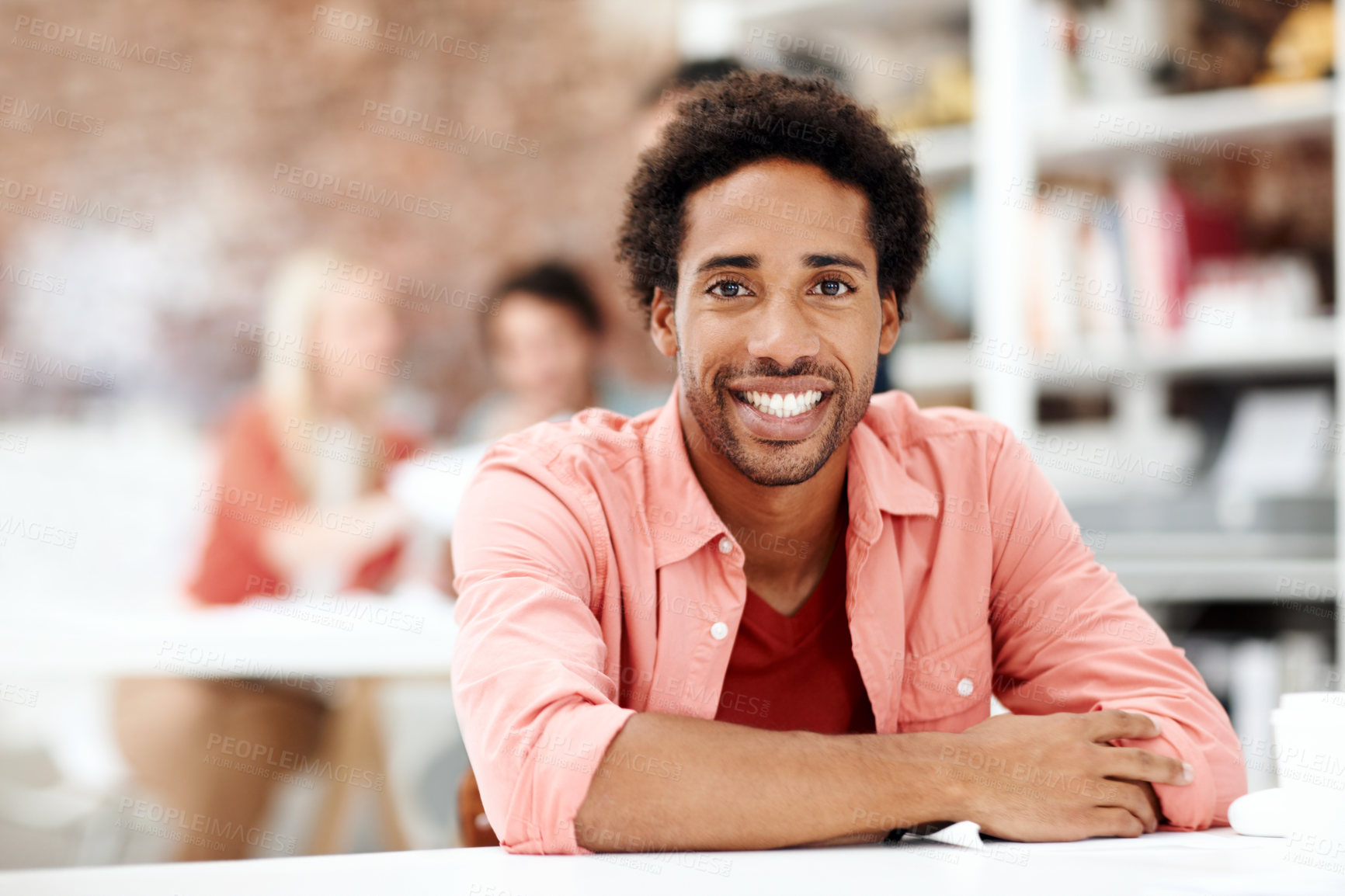Buy stock photo Smile, about us and portrait of business man in office for branding startup, coworking and creative. Campaign manager, professional and pride with employee in media talent agency for career growth