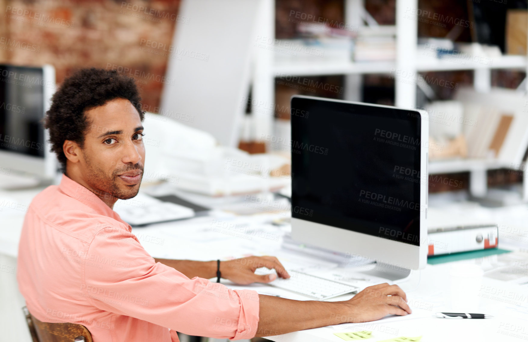 Buy stock photo Computer, serious and portrait with business man in office for marketing research, project and creative. Brand perception, advertising insight and planning with employee in  agency for review