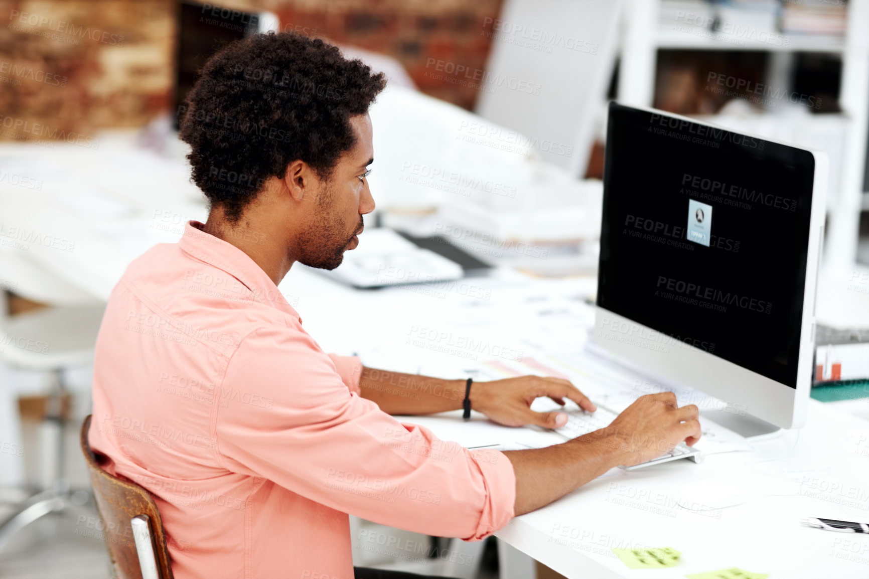Buy stock photo Computer, reading and screen with business black man in office for marketing research, project and creative. Brand perception, advertising insight and planning with employee in  agency for review