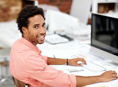 Buy stock photo Computer, screen and portrait with business man in office for marketing research, project and creative. Brand perception, advertising insight and planning with employee in  agency for review