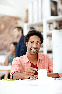 Buy stock photo Pride, portrait and computer with business man in office for branding advisor, coworking and about us. Professional, campaign consultant and career growth with person in creative agency for idea