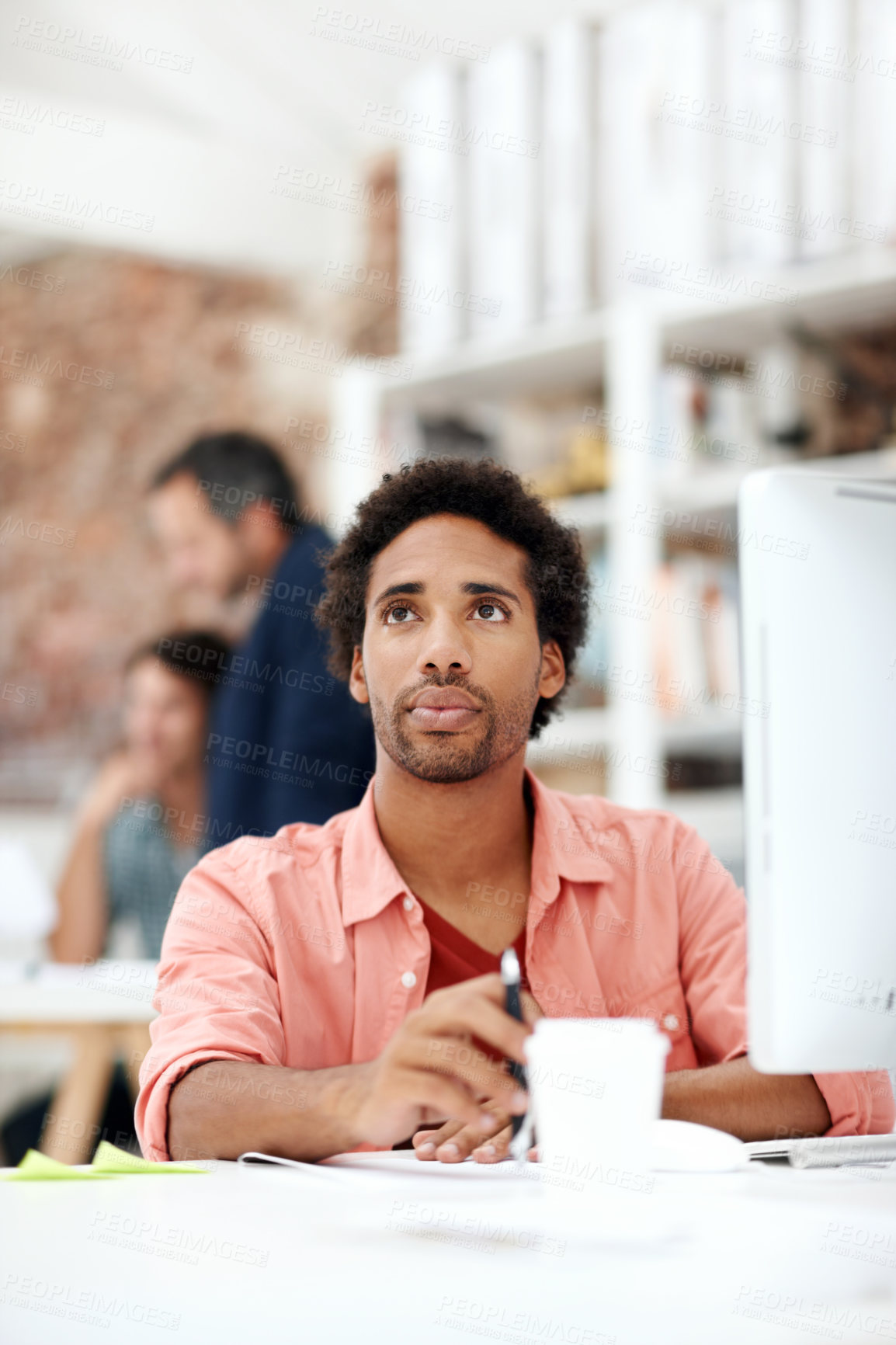 Buy stock photo Computer, thinking and planning with business black man in office for marketing research, project or vision. Brand perception, advertising insight and coworking with employee in agency for reflection