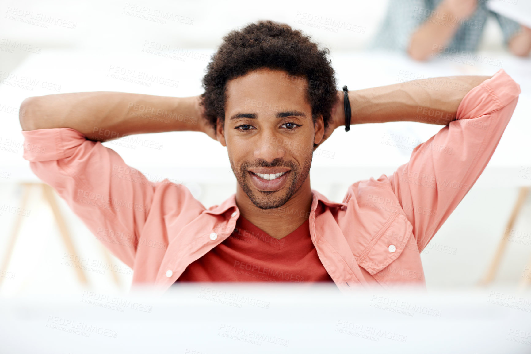 Buy stock photo Computer, relax and smile with business black man in office for marketing research, reading and done. Brand perception, advertising insight and planning with employee in agency for finish project