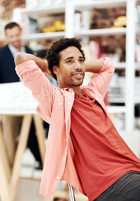 Buy stock photo Designer, smile and thinking with business man in office for branding advisor, pride and vision. Professional, campaign consultant and reflection with person in creative agency for coworking startup