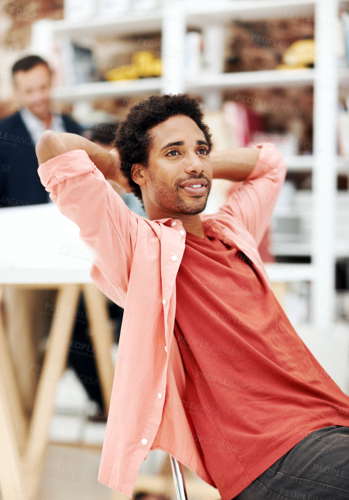 Buy stock photo Designer, smile and thinking with business man in office for branding advisor, pride and vision. Professional, campaign consultant and reflection with person in creative agency for coworking startup