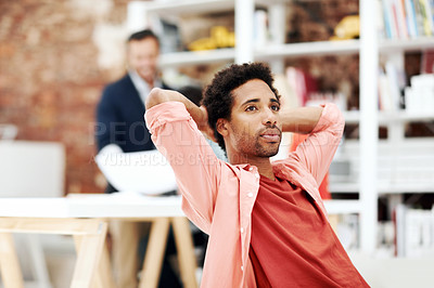 Buy stock photo Designer, relax and vision with business man in office for branding advisor, pride and thinking. Professional, campaign consultant and reflection with person in creative agency for coworking startup