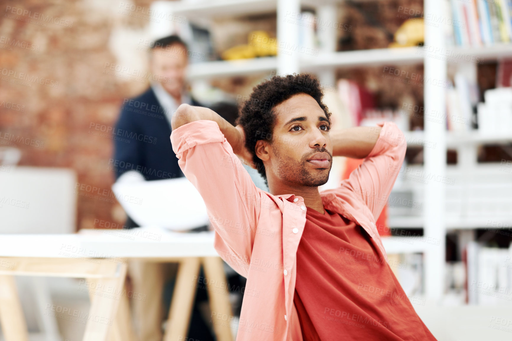 Buy stock photo Designer, relax and vision with business man in office for branding advisor, pride and thinking. Professional, campaign consultant and reflection with person in creative agency for coworking startup