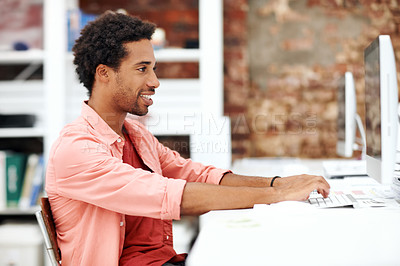 Buy stock photo Computer, smile and typing with business black man for media planner, idea and brand analyst. Campaign report, project and customer survey review with person in creative agency for account reach