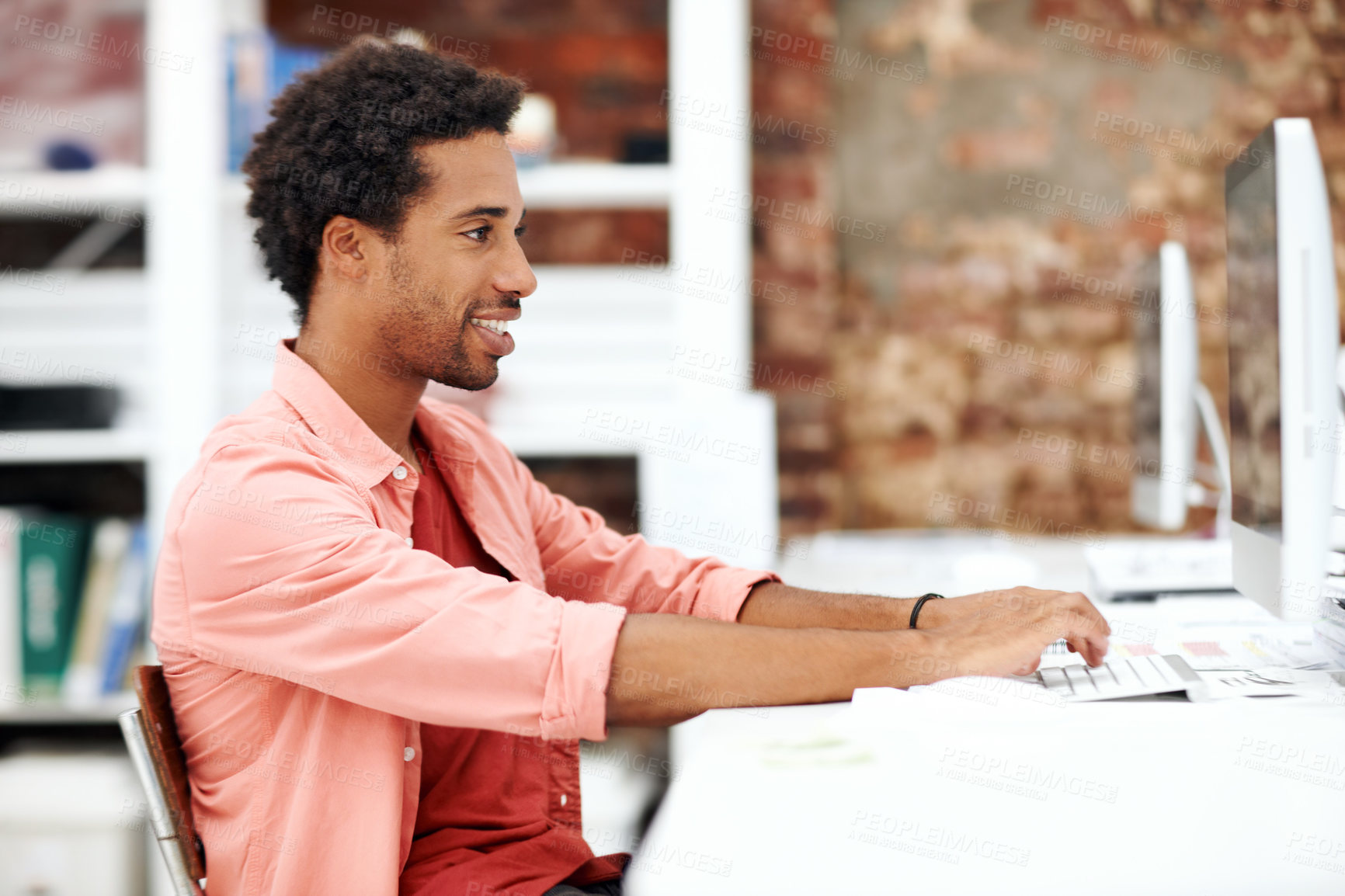 Buy stock photo Computer, smile and typing with business black man for media planner, idea and brand analyst. Campaign report, project and customer survey review with person in creative agency for account reach