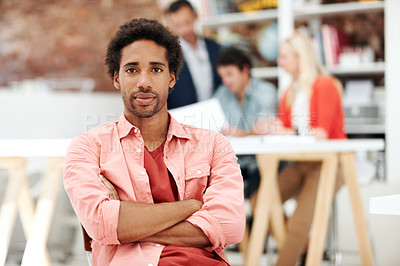 Buy stock photo Arms crossed, creative and portrait of business man in office for branding startup, coworking and about us. Campaign manager, professional and pride with employee in media agency for career growth