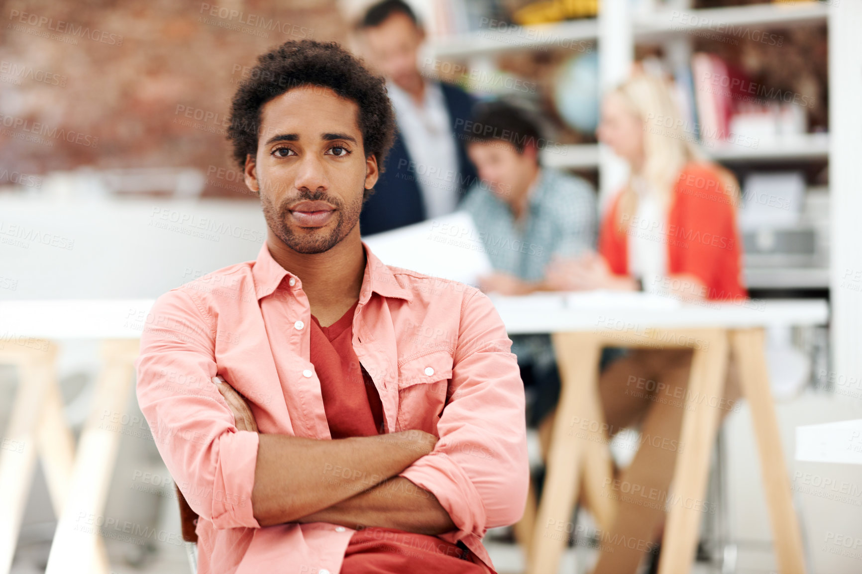 Buy stock photo Arms crossed, creative and portrait of business man in office for branding startup, coworking and about us. Campaign manager, professional and pride with employee in media agency for career growth