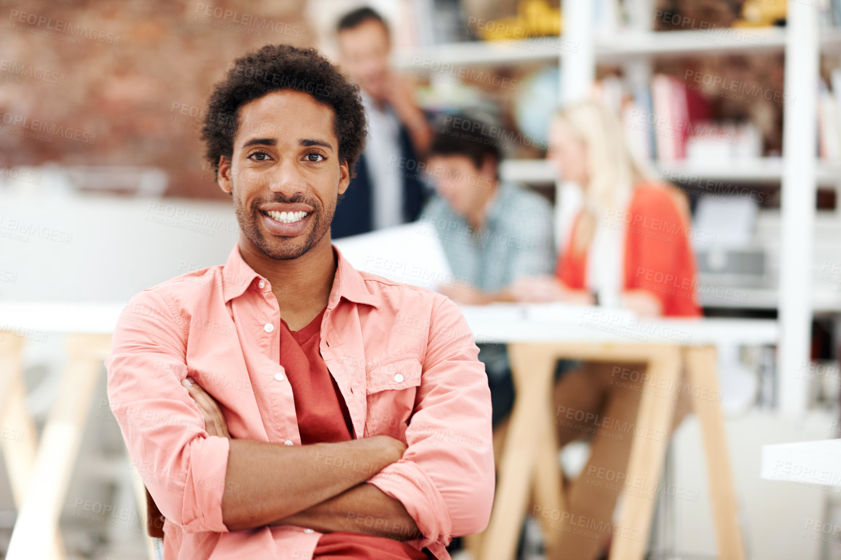 Buy stock photo Smile, arms crossed and portrait of business man in office for branding startup, coworking or about us. Campaign manager, professional and pride with employee in media talent agency for career growth