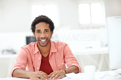 Buy stock photo Designer, portrait and pride with business man in office for branding advisor, smile and about us. Professional, campaign consultant and career growth with person in creative agency for startup