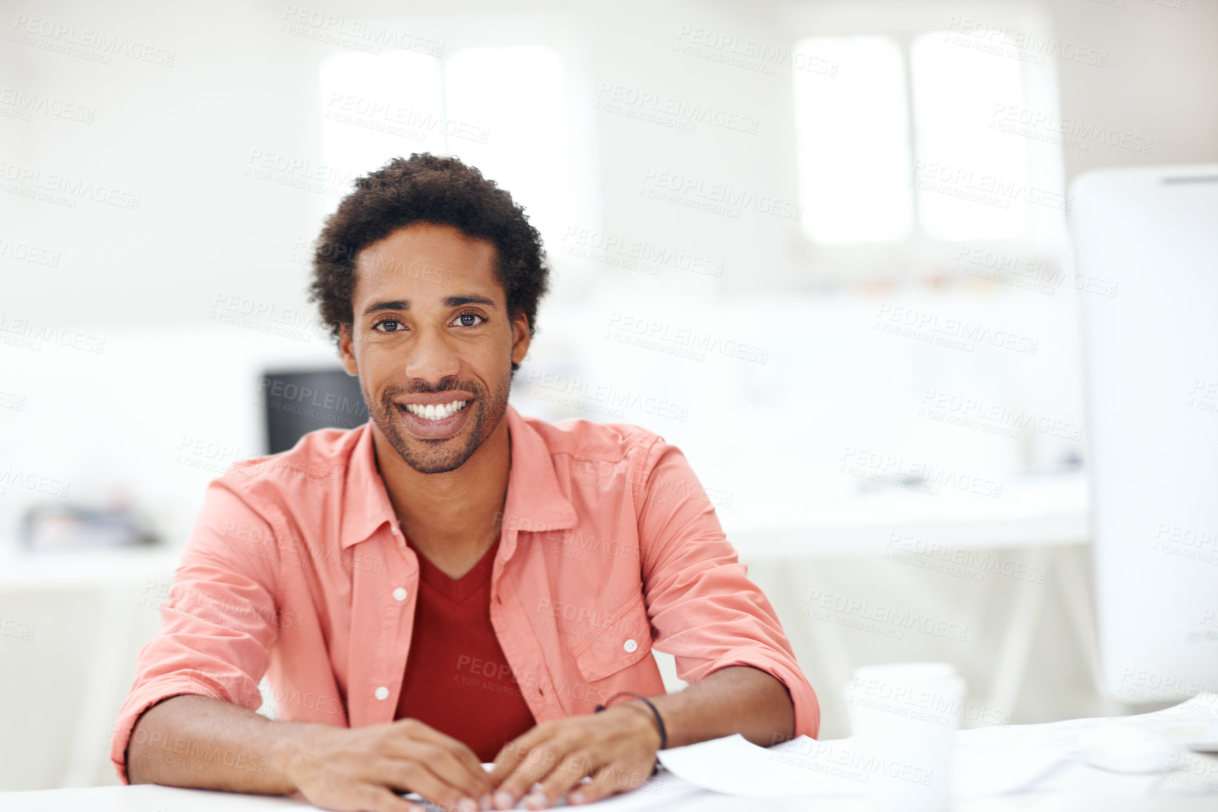 Buy stock photo Designer, portrait and pride with business man in office for branding advisor, smile and about us. Professional, campaign consultant and career growth with person in creative agency for startup