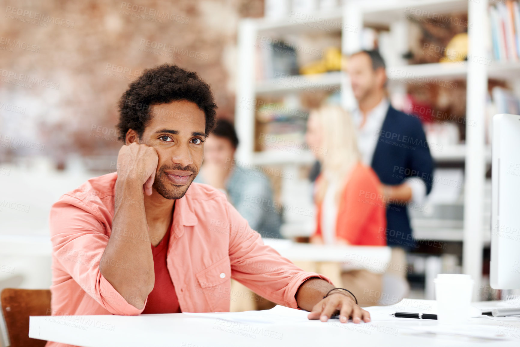 Buy stock photo Smile, planning and portrait of business man in office for branding startup, coworking and about us. Campaign manager, professional and documents with employee in media talent agency for career