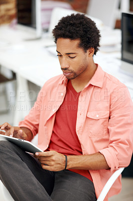 Buy stock photo Tablet, typing and reading with business black man for media planner, idea and brand analyst. Campaign report, research and customer survey review with person in creative agency for account reach