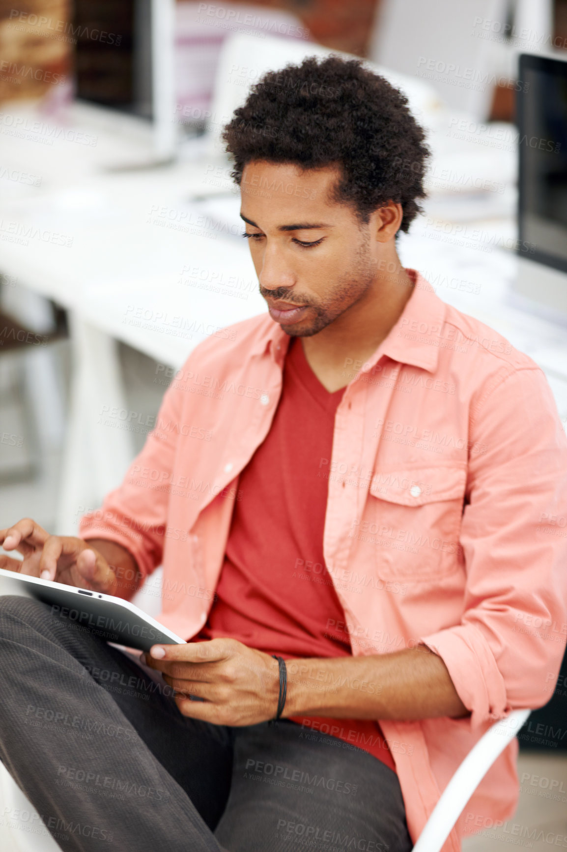 Buy stock photo Tablet, typing and reading with business black man for media planner, idea and brand analyst. Campaign report, research and customer survey review with person in creative agency for account reach