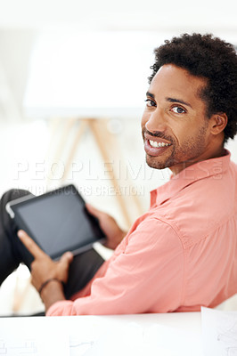Buy stock photo Tablet, happy and portrait with business black man for media planner, idea and brand analyst. Campaign report, about us and customer survey review with person in creative agency for account reach