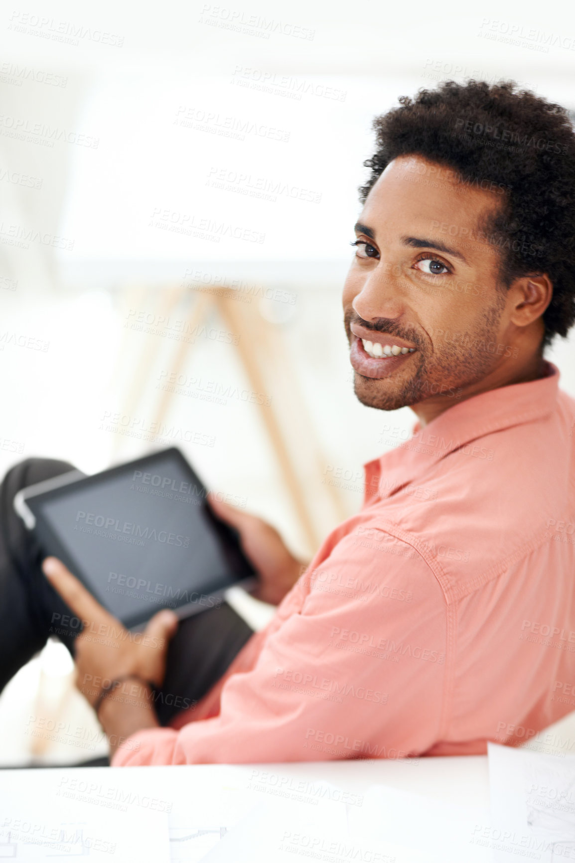 Buy stock photo Tablet, happy and portrait with business black man for media planner, idea and brand analyst. Campaign report, about us and customer survey review with person in creative agency for account reach