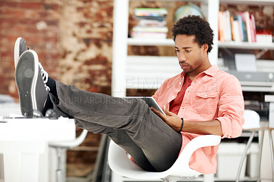 Buy stock photo Tablet, research and reading with business black man for media planner, idea and brand analyst. Campaign report, project and customer survey review with person in creative agency for account reach