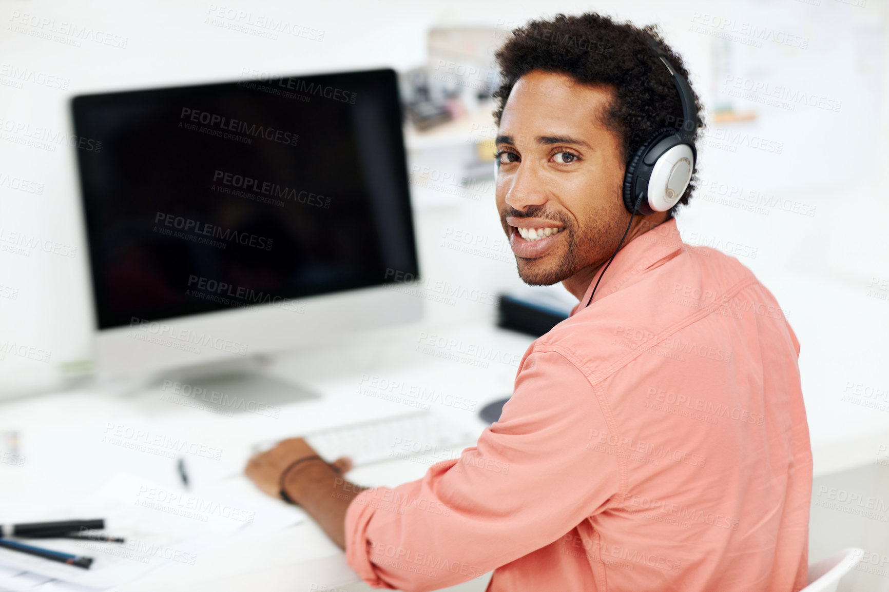 Buy stock photo Computer, headphones and portrait of business black man in office for streaming, music and research. Audio subscription, professional and sound edit software with employee in media agency for project