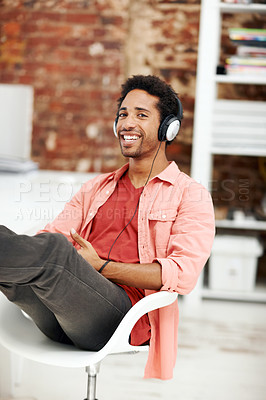 Buy stock photo Relax, headphones and portrait of business black man in office for streaming, music and about us. Audio subscription, professional and sound with employee in media agency for project and startup