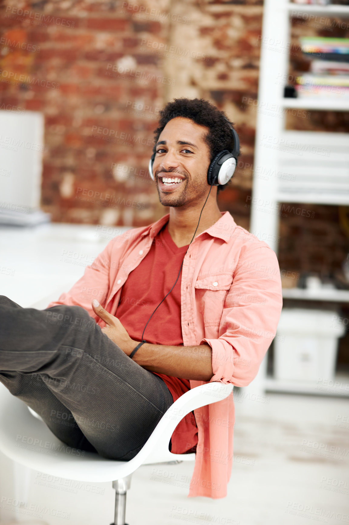 Buy stock photo Relax, headphones and portrait of business black man in office for streaming, music and about us. Audio subscription, professional and sound with employee in media agency for project and startup