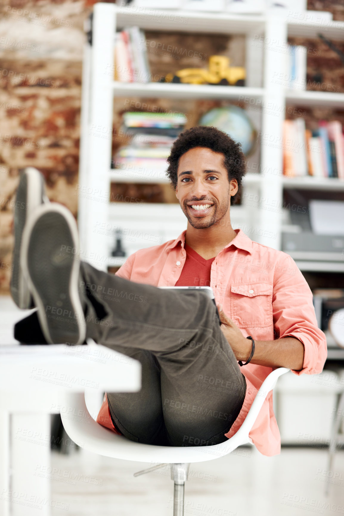 Buy stock photo Tablet, smile and portrait with business black man for media planner, idea and brand analyst. Campaign report, about us and customer survey review with person in creative agency for account reach