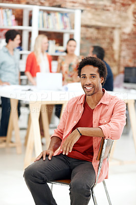 Buy stock photo Smile, creative and portrait of business man in office for branding startup, coworking and about us. Campaign manager, professional and pride with employee in media talent agency for career growth