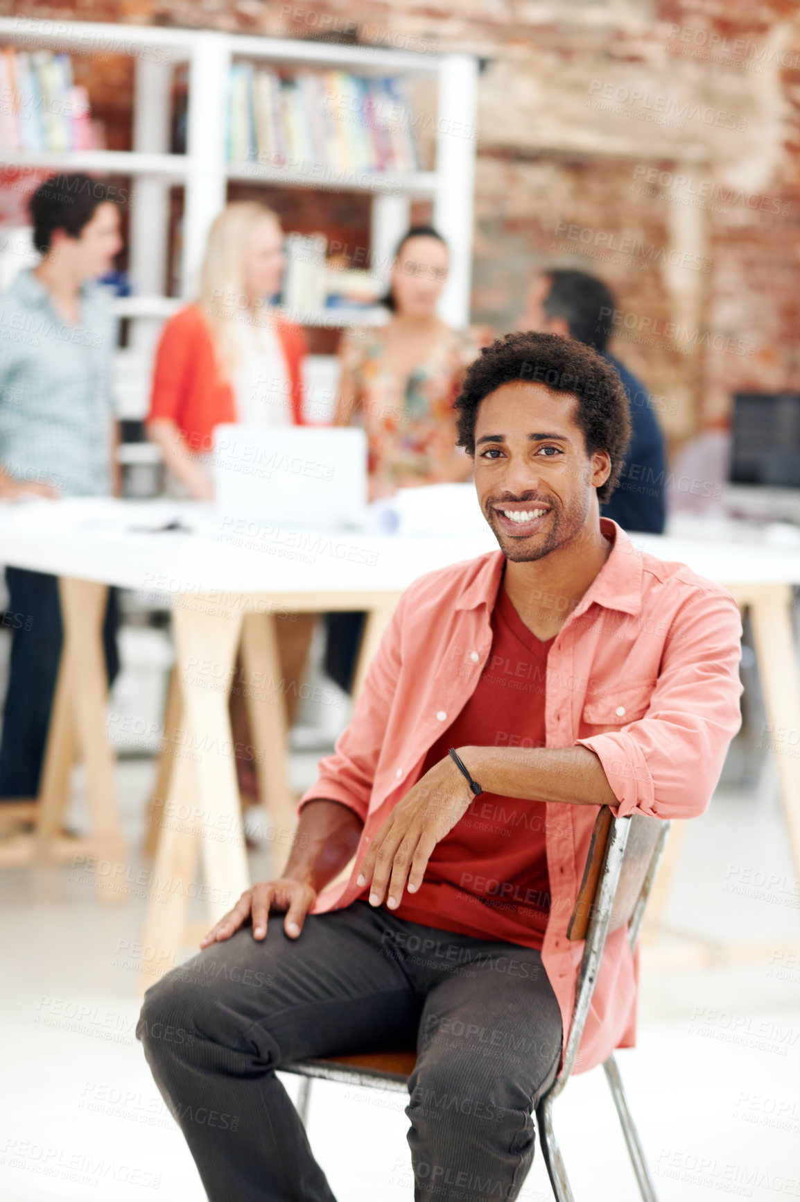 Buy stock photo Smile, creative and portrait of business man in office for branding startup, coworking and about us. Campaign manager, professional and pride with employee in media talent agency for career growth