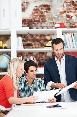Buy stock photo Documents, meeting and floor plan with business people in office for idea, property or building proposal. Architecture, blueprint or real estate layout with employees in agency for  design project