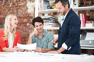 Buy stock photo Team, meeting and proposal with business people in office for idea, property or building floor plan. Architecture, blueprint or real estate layout with employees and documents for  design project