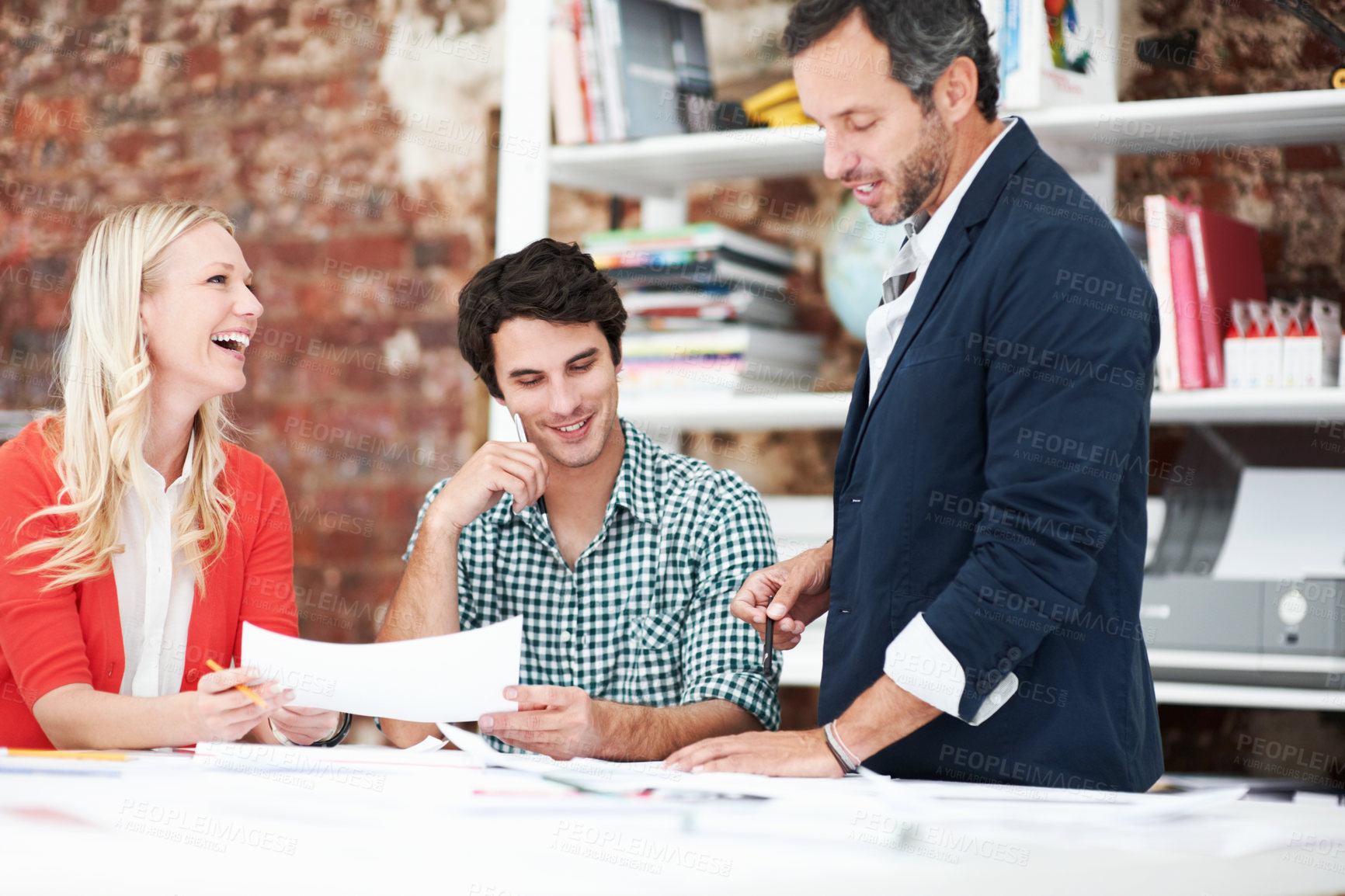 Buy stock photo Team, meeting and proposal with business people in office for idea, property or building floor plan. Architecture, blueprint or real estate layout with employees and documents for  design project