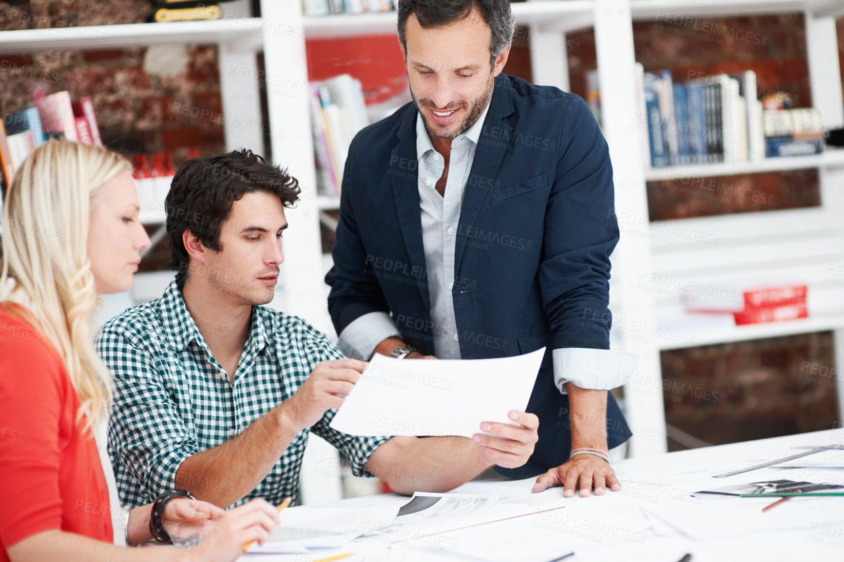 Buy stock photo Team, meeting and documents with business people in office for idea, property or building proposal. Architecture, blueprint or real estate layout with employees and floor plan for design project