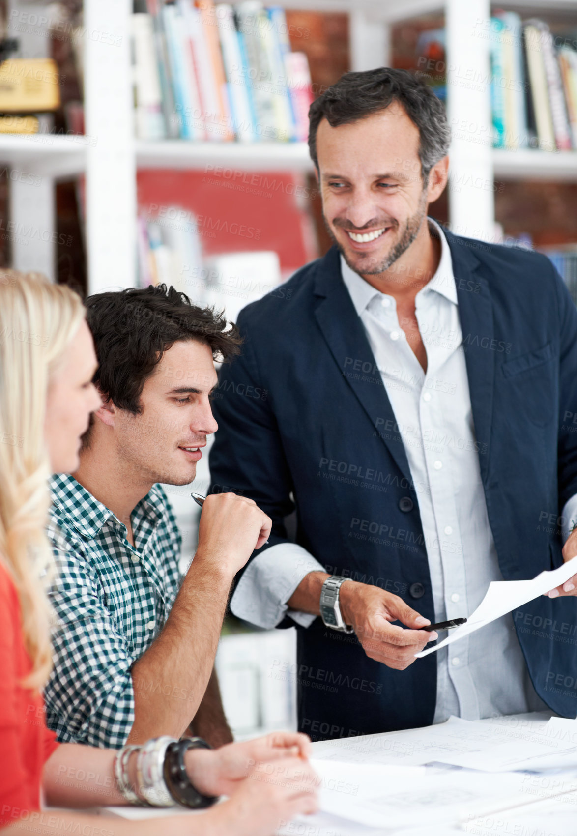 Buy stock photo Business, people and architect in meeting with documents, blueprint and policy for architecture. Smile, team or review in workplace with paperwork, floor plan and information for building development