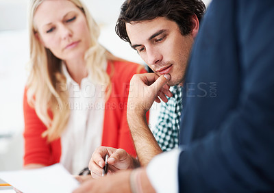 Buy stock photo Documents, mentor and training with business people in meeting for property development, team and review. Blueprint proposal, architect crit session and collaboration with employees in agency