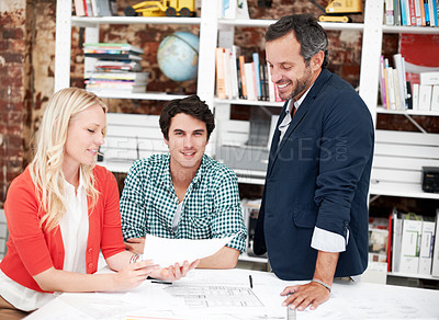 Buy stock photo Business, people and architect in meeting with document, blueprint and planning for architecture. Portrait, man and team in office with paperwork, floor plan and information for building development