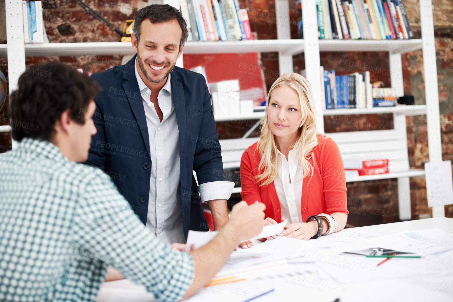 Buy stock photo People, architect and meeting in office with documents, blueprint and policy for architecture. Team, talking or review in workplace with paperwork, floor plan and information for building development