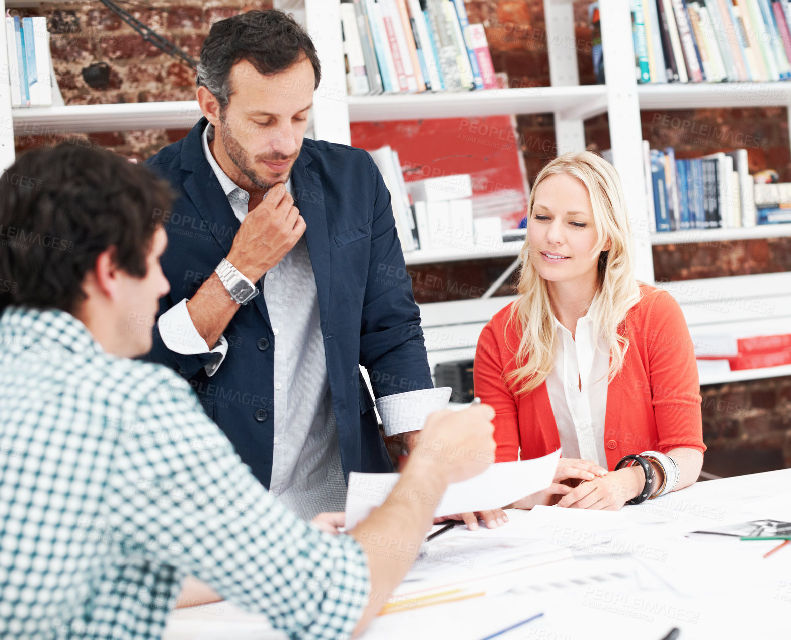 Buy stock photo Documents, mentor and discussion with business people in meeting for property development, team and review. Floor plan proposal, architect crit session and collaboration with employees in agency