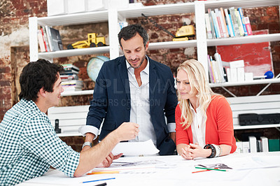 Buy stock photo Documents, mentor and talking with business people in meeting for property development, team and review. Blueprint proposal, architect crit session and collaboration with employees in agency