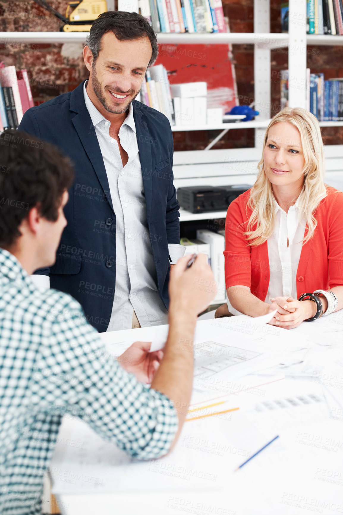 Buy stock photo Business, people and architect in office with document, blueprint and planning for architecture. Team, talking and smile in meeting with paperwork, floor plan and information for building development