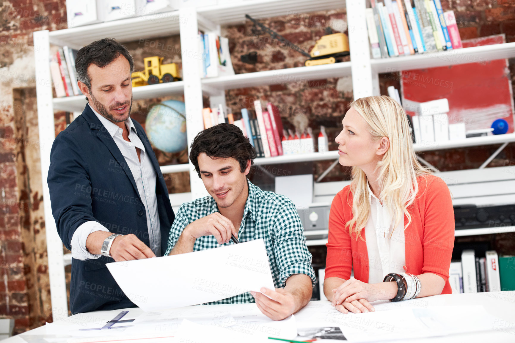 Buy stock photo Documents, meeting and manager with business people in office for design briefing, review and team. Architect project timeline, collaboration and floor plan pitch with employees and mentor in agency