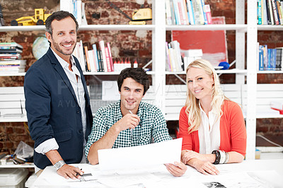 Buy stock photo Team, portrait and documents with business people in office for architect review, research and meeting. Designer, digital blueprint and mentor feedback with employees in agency for creative proposal